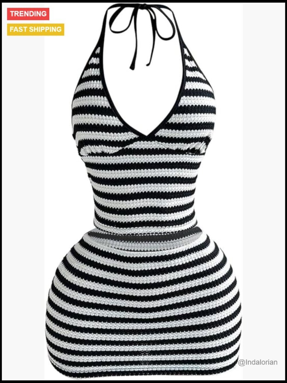 Crochet Vacation 2 Piece Skirts Set Striped Halter Tops Mini Skirt